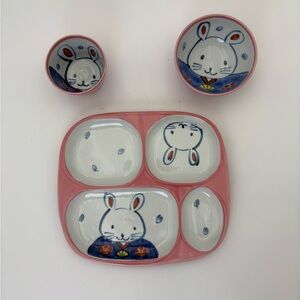 Pink Bunny Kids Sectioned Plate, Cup, and and Bowl Set